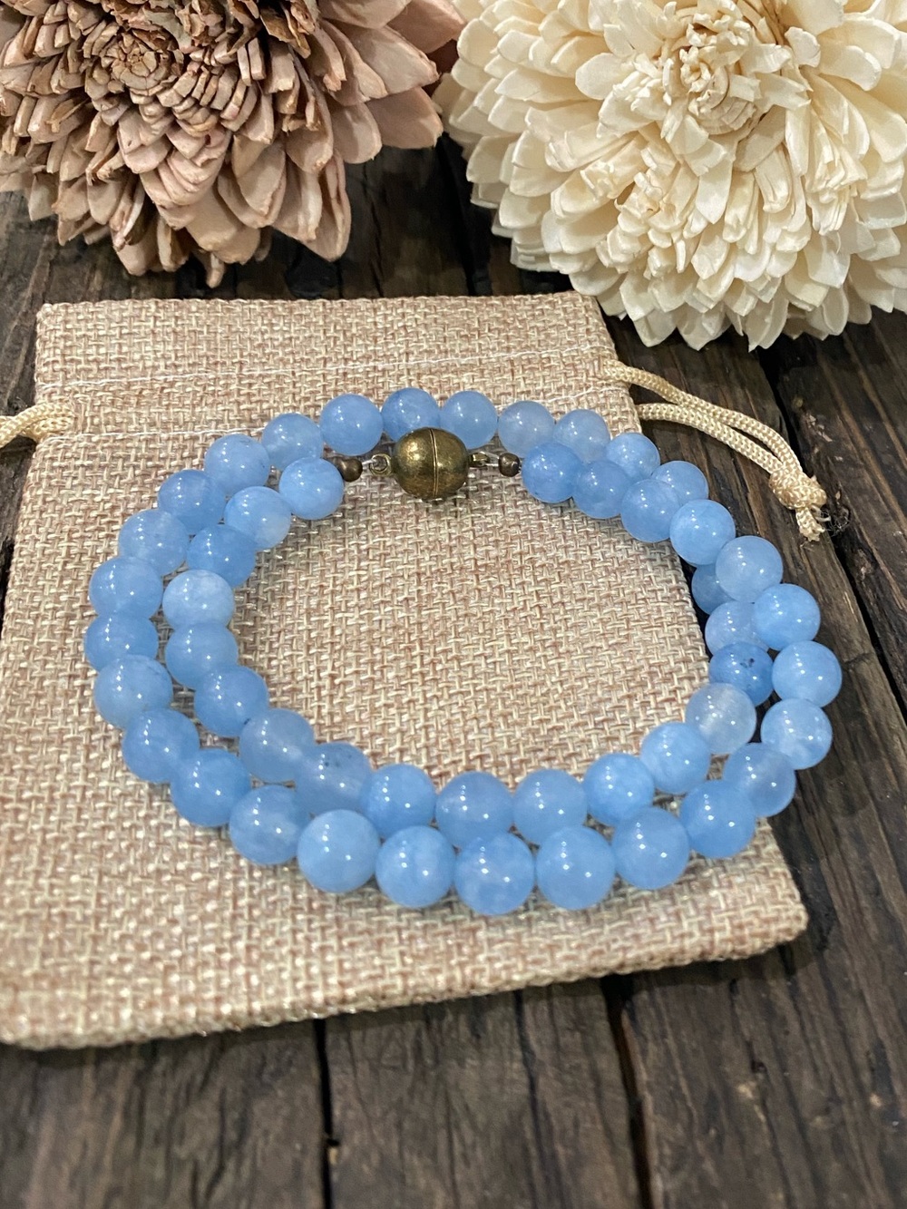 Blue Aquamarine Beaded Necklace w/ Antique Bronze Magnetic Clasp, 17.5”